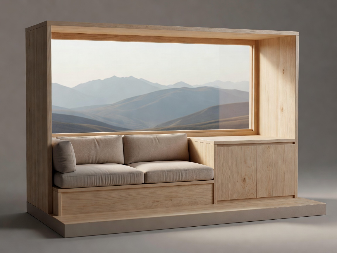 Conceptual interior model showing a built-in seat below a landscape window and adjacent storage