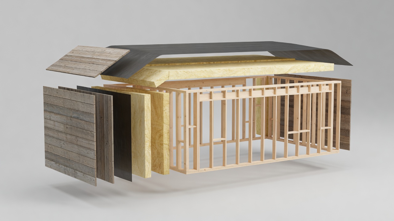 Conceptual exploded cabin model separating exterior timber, roof membrane, insulation and interior structure