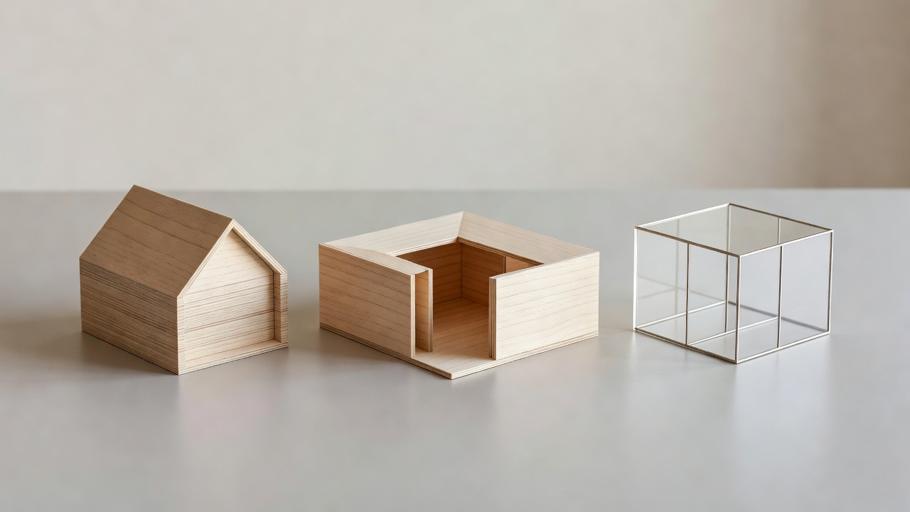 Conceptual massing models of a compact gabled cabin, a courtyard retreat and a glass pavilion