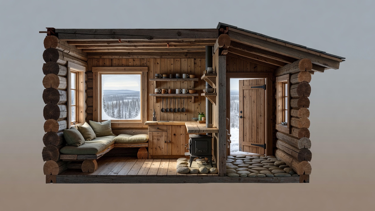 Conceptual cutaway of a timber cabin interior with a window seat, kitchen wall and sheltered entrance