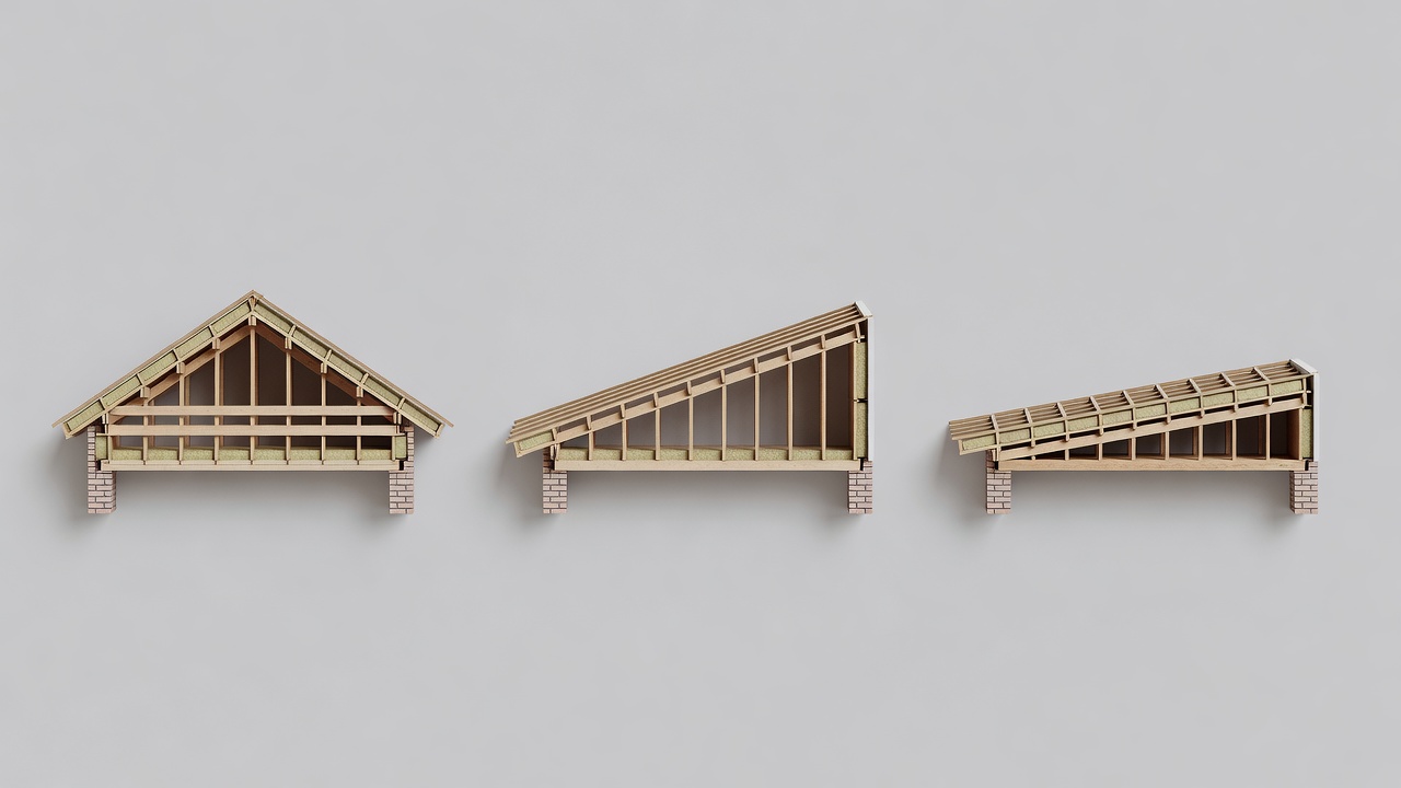 Conceptual cutaway models comparing a gabled roof, a single-pitch roof and a low-slope roof